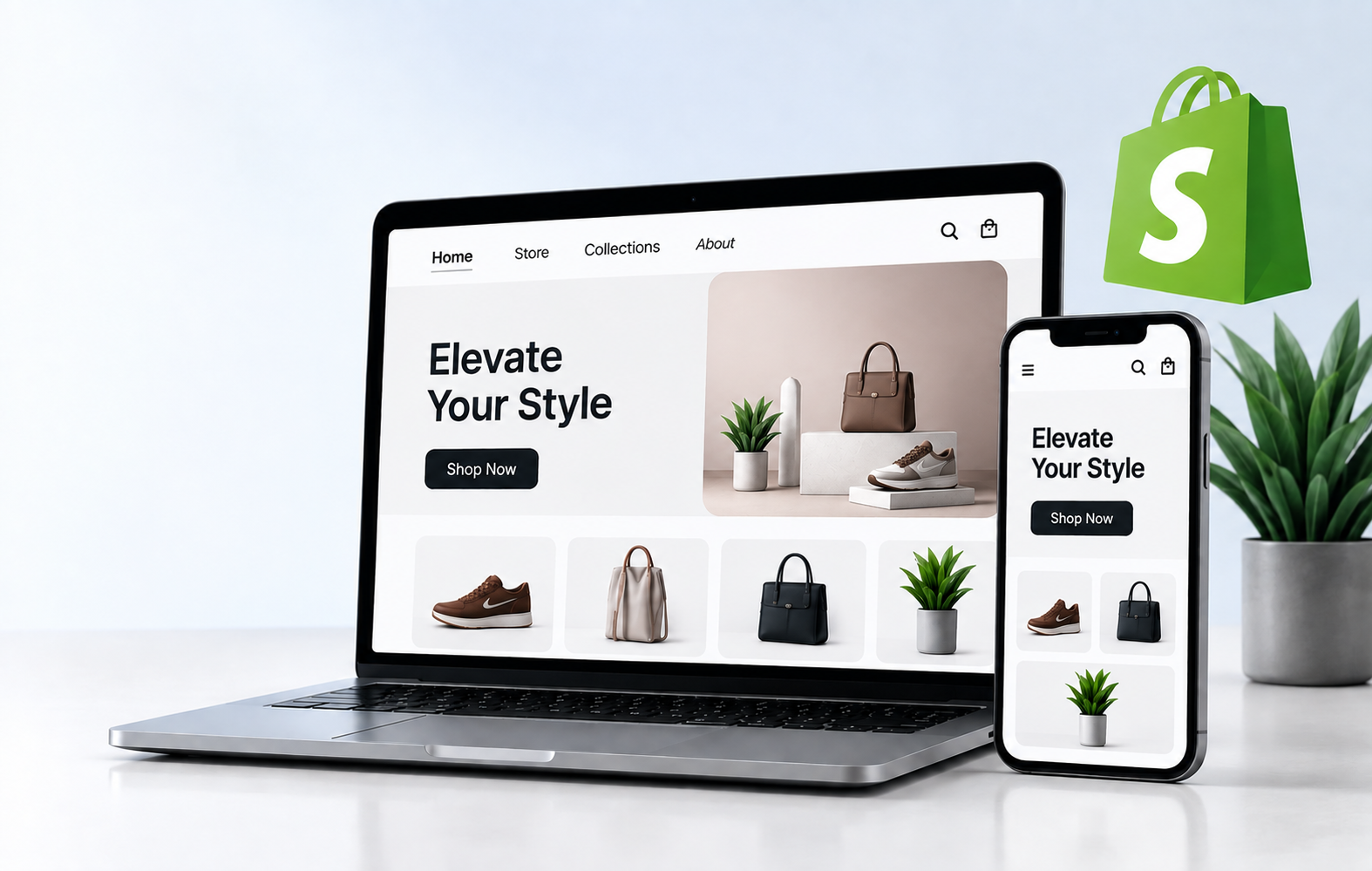 Shopify storefront displayed on laptop and mobile phone
