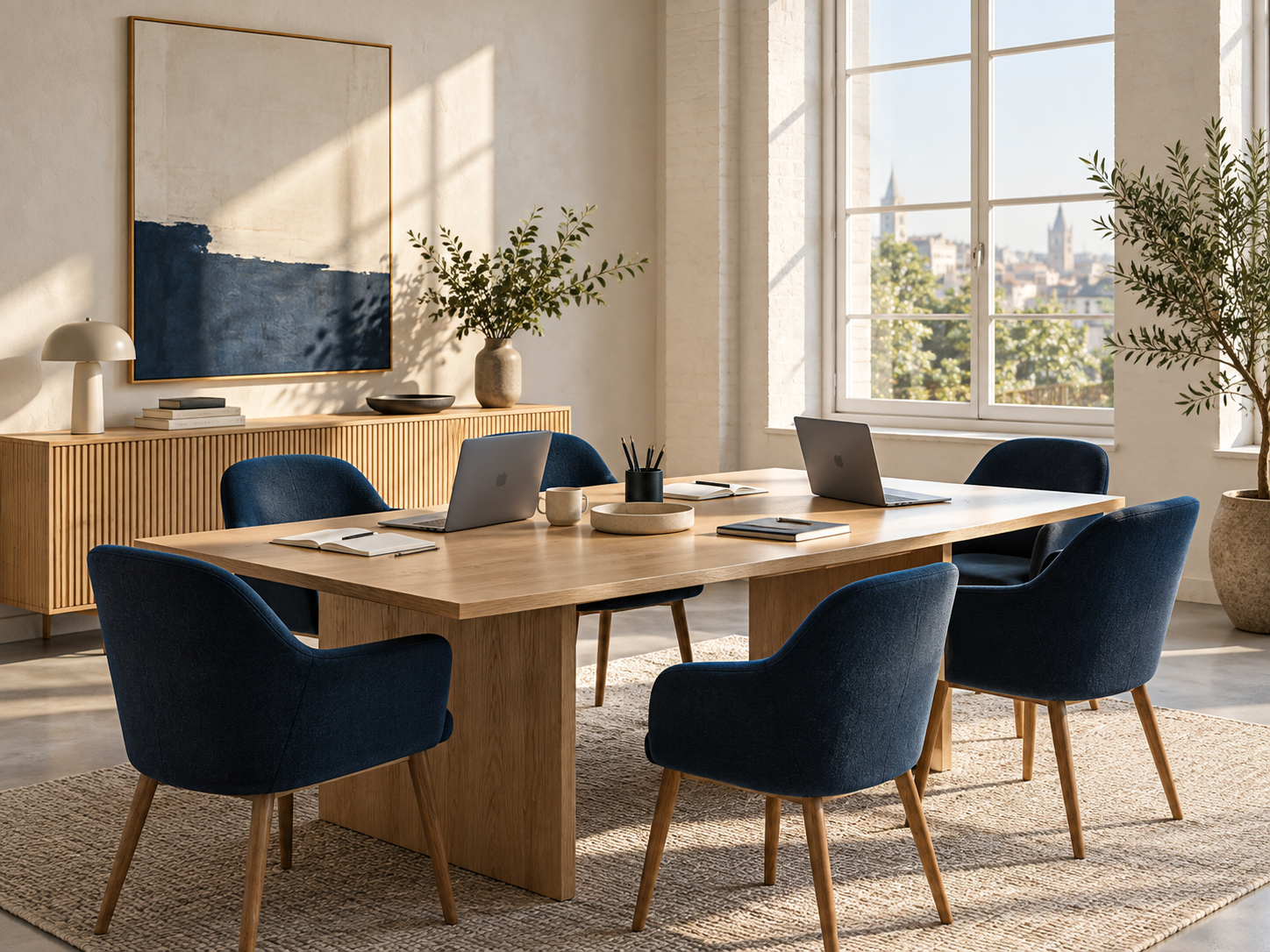 Light-filled collaborative workspace with a meeting table, notebooks and laptops
