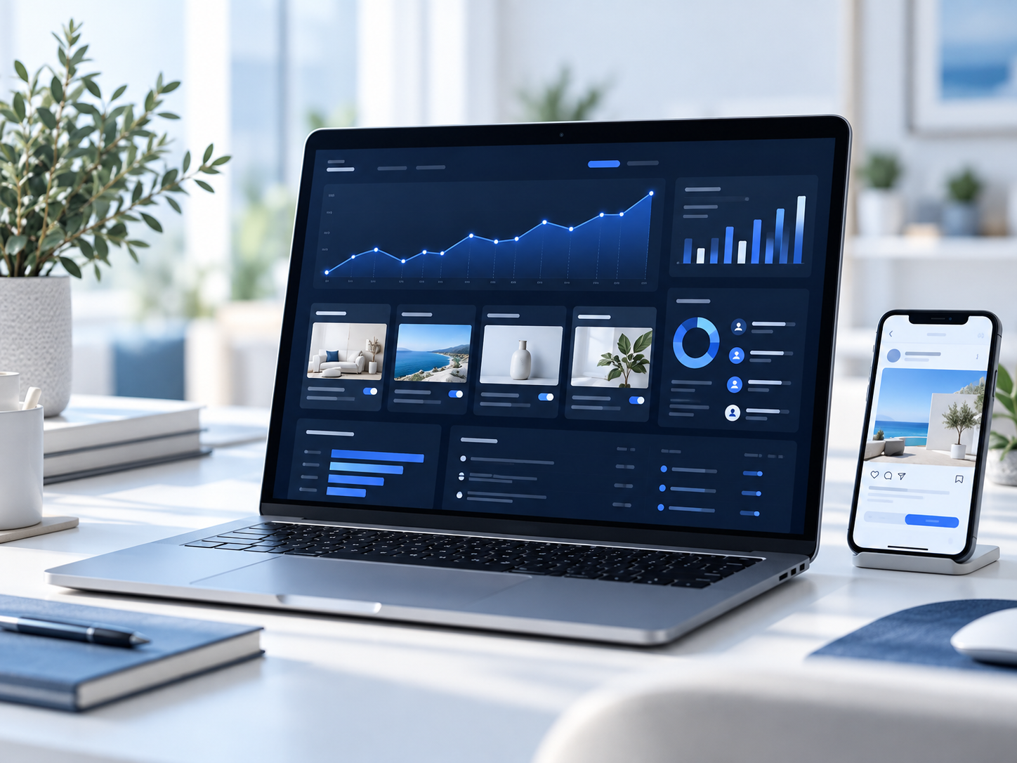 Laptop showing a performance marketing dashboard beside a mobile ad preview